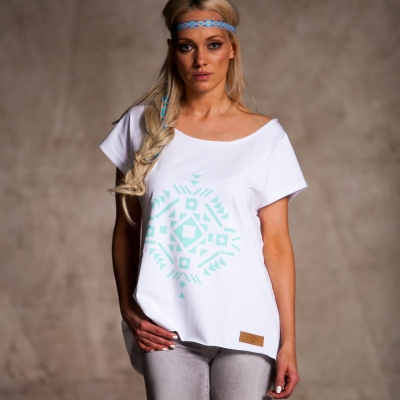white t-shirt with ethic print