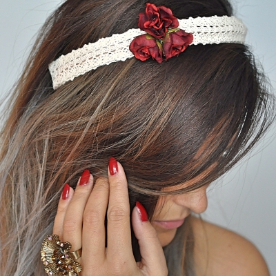 Lace wreath with burgundy flowers